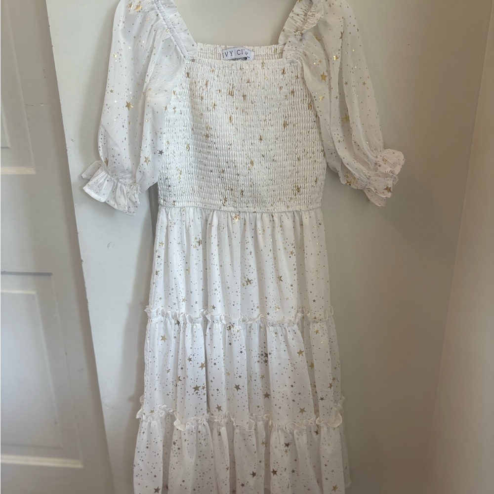 Ivy City Co White and Gold Starry Kids Dress